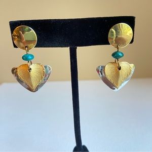 Jody Coyote two tone pierced post leaf earrings goldtone and hammered silvertone